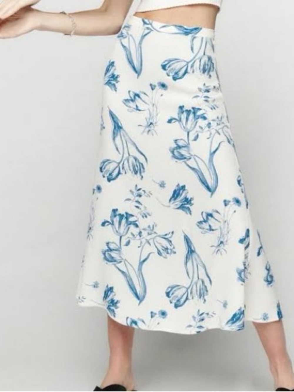 Reformation: Blue and White A-Line Midi Skirt